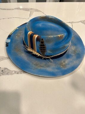 Blue Felt Fedora with Feather and Woven Band woman’s hat